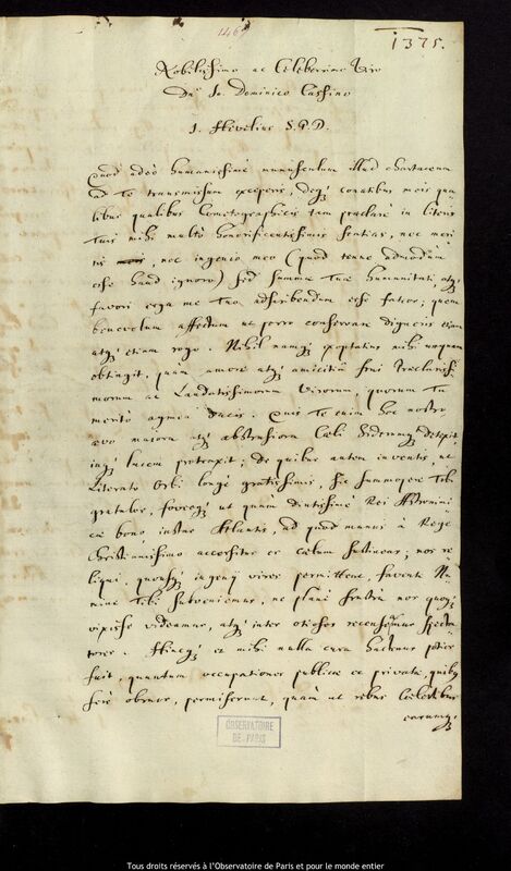 Lettre de Jan Heweliusz à Jean-Dominique Cassini, Gdansk, 7 novembre 1669