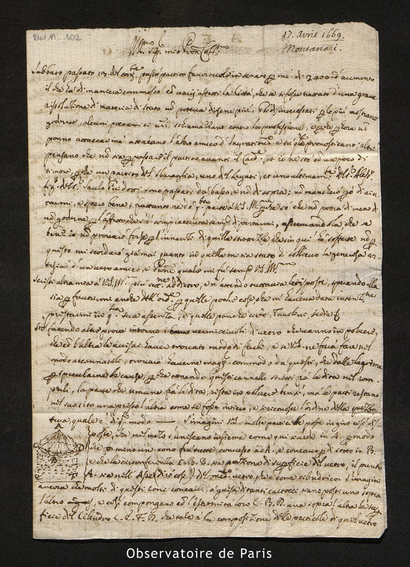 Lettre de Montanari à Cassini I, Bologne le 17 aprile 1669