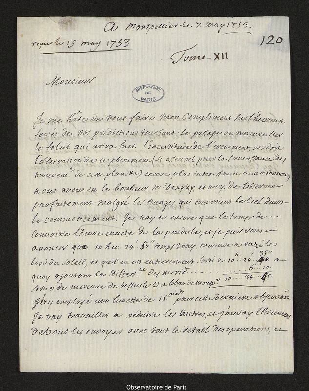 Lettre de Pierre-François de Guilleminet à Joseph-Nicolas Delisle, Montpellier, 7 mai 1753