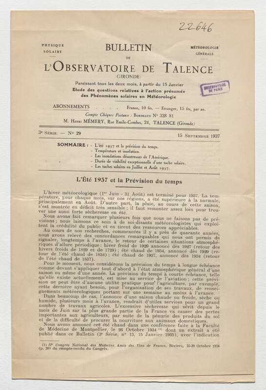 (1937) Bulletin de l'Observatoire de Talence, 3e série