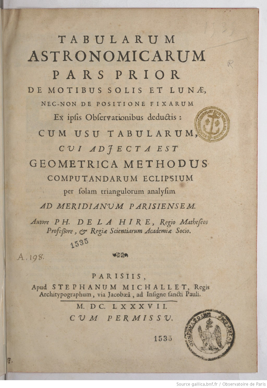 Tabularum astronomicarum pars prior de motibus solis et lunae […]: cum usu tabularum, cui adjecta est geometrica methodus computandarum eclipsium […]