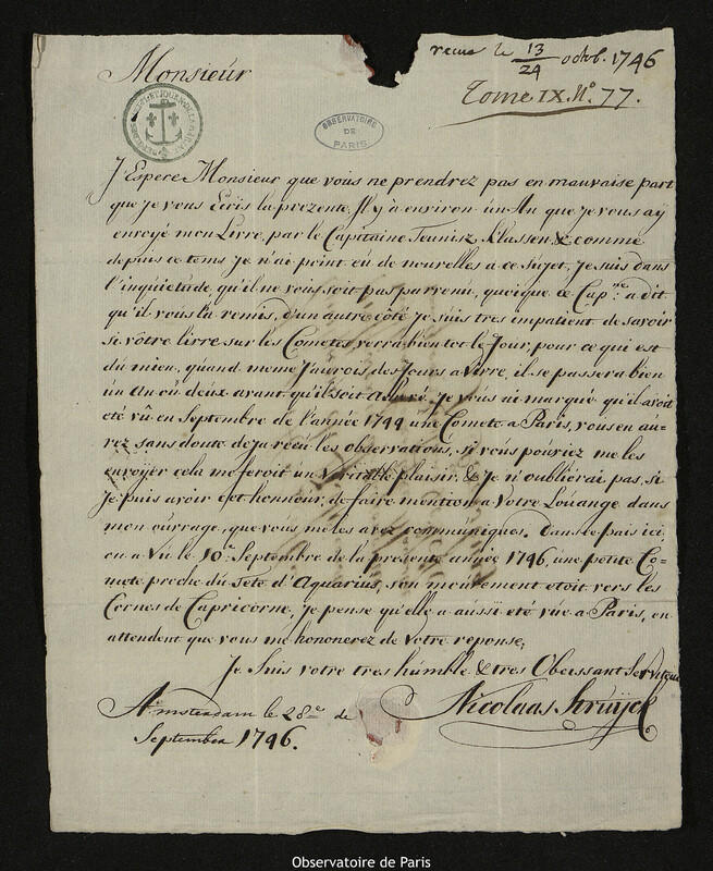 Lettre de Nicolaas Struyck à Joseph-Nicolas Delisle, Amsterdam, 28 septembre 1746