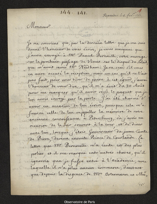 Lettre de Pierre-Louis Le Roy à Joseph-Nicolas Delisle, Genève, 26 décembre 1760