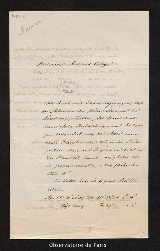 Lettre de Fr. Argelander à Mauvais, Bonn le 23 avril 1852