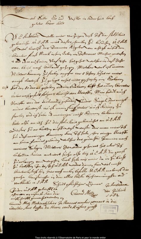 Lettre de Coenraad Metz à Jan Heweliusz, Amsterdam, juillet 1682