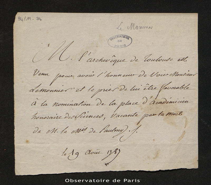 Billet à Le Monnier, le 19 août 1787