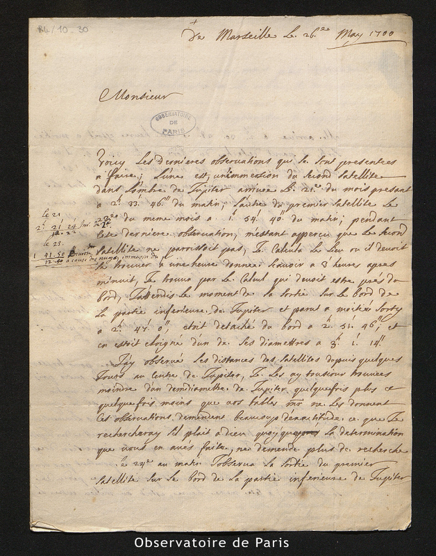 Lettre de Feuillée à Cassini I, Marseille le 26 mai 1700