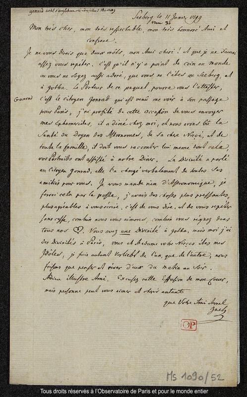 Lettre du baron Franz Xaver von Zach à Joseph Jérôme Le françois de Lalande Seeberg, 11 janvier 1799