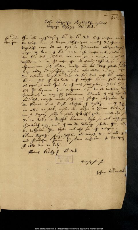 Lettre de Jan Heweliusz à Caspar March, Gdansk, 10 juillet 1663