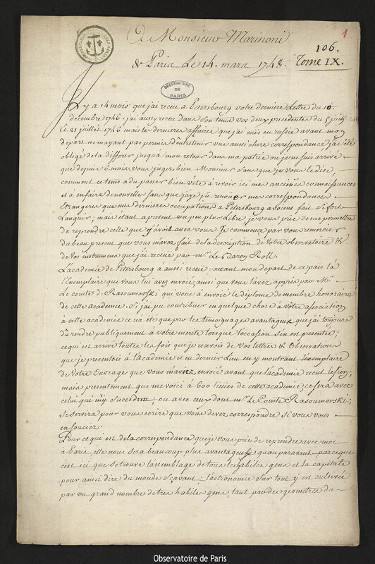 Lettre de Joseph-Nicolas Delisle à Giovanni Giacomo Marinoni, Paris, 14 mars 1748