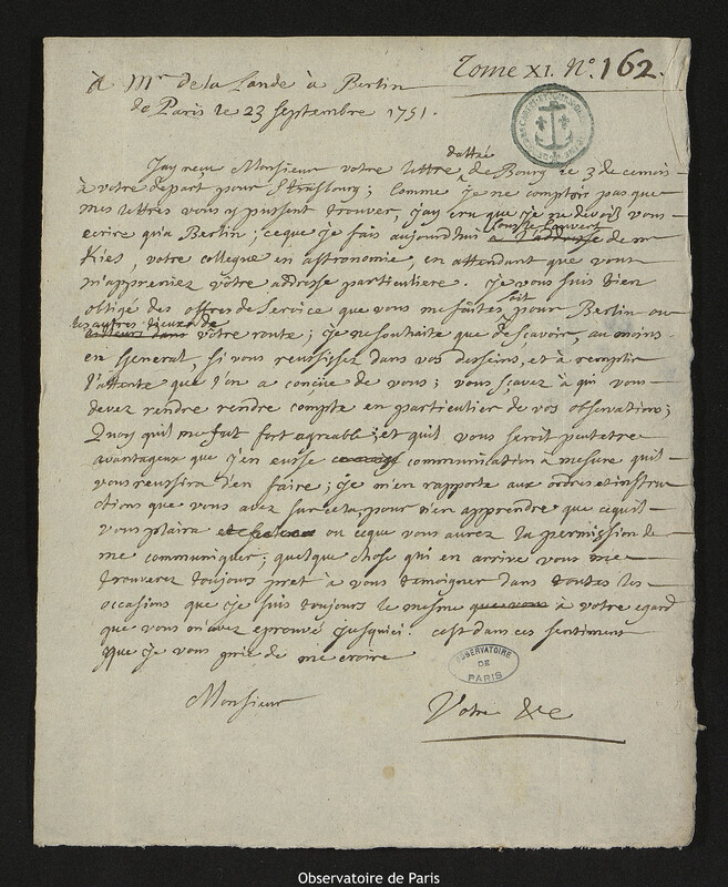 Lettre de Joseph-Nicolas Delisle à Jérôme de La Lande, Paris, 23 septembre 1751