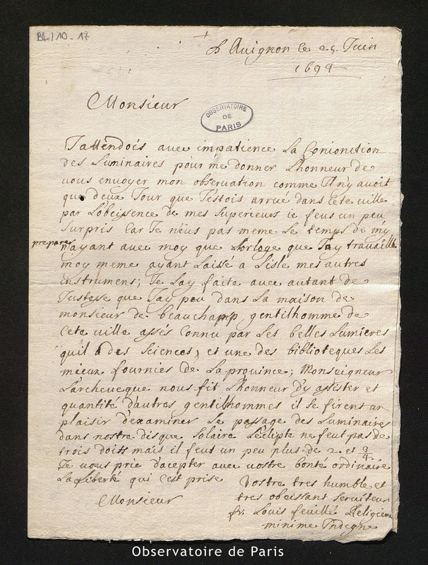 Lettre de Feuillée à [Cassini I], Avignon le 25 juin 1694