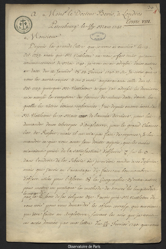 Lettre de Joseph-Nicolas Delisle à Jean Bevis, Saint-Pétersbourg,26 mars 1742