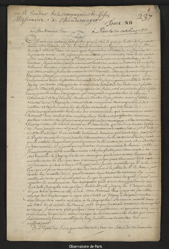 Lettre de Joseph-Nicolas Delisle à Claude Stanislas Boudier, Paris, 30 octobre 1753