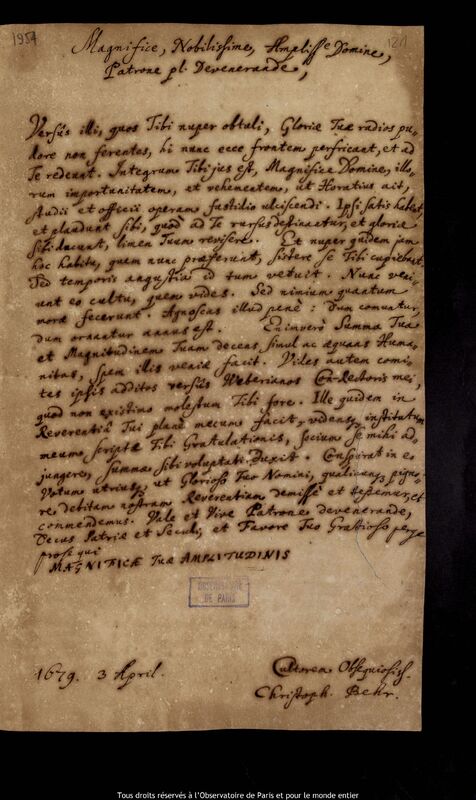 Lettre de Christoph Behr à Jan Heweliusz, Gdansk, 26 avril 1679