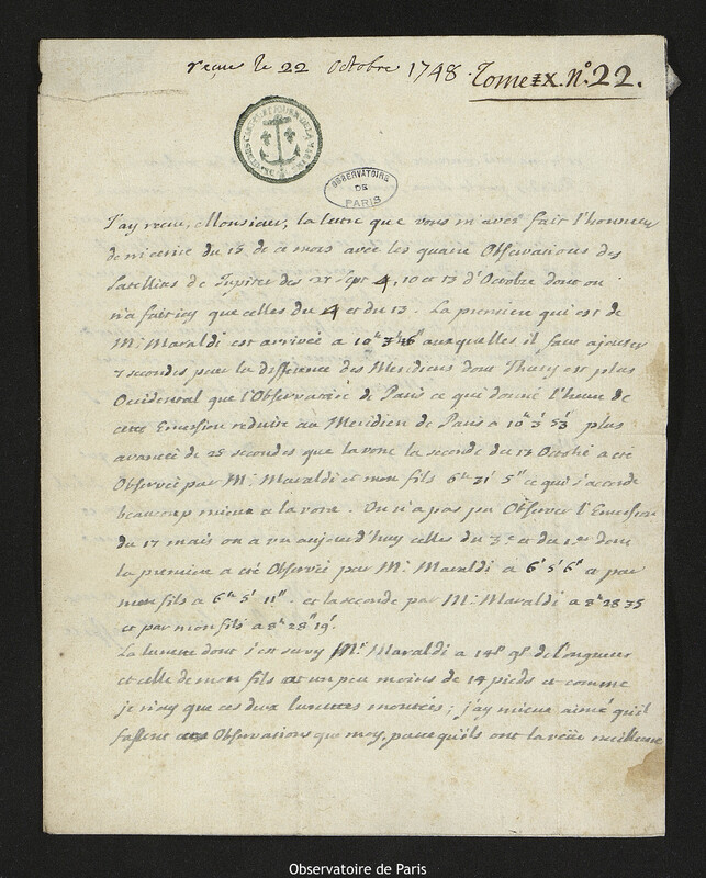 Lettre de Jacques Cassini à Joseph-Nicolas Delisle, Thury-sous-Clermont, 20 octobre 1748