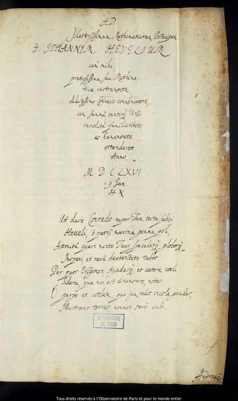 Texte manuscrit d’un auteur non identifié à Jan Heweliusz, 19 janvier 1666