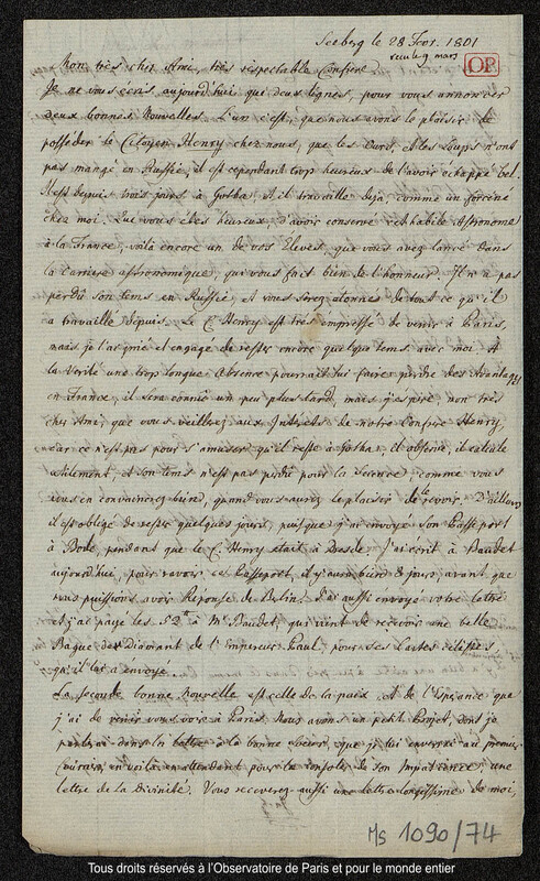 Lettre du baron Franz Xaver von Zach à Joseph Jérôme Le françois de Lalande Seeberg, 28 février 1801