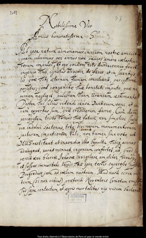 Lettre de Johann Gebhard Rabener à Jan Heweliusz, Stargard Szczecinski, 21 décembre 1680