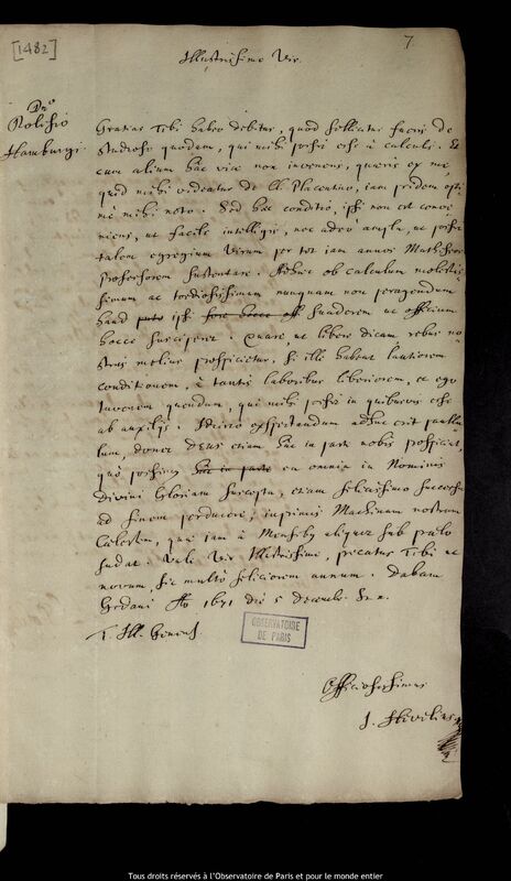 Lettre de Jan Heweliusz à Stanislaw Lubieniecki, Gdansk, 5 décembre 1671