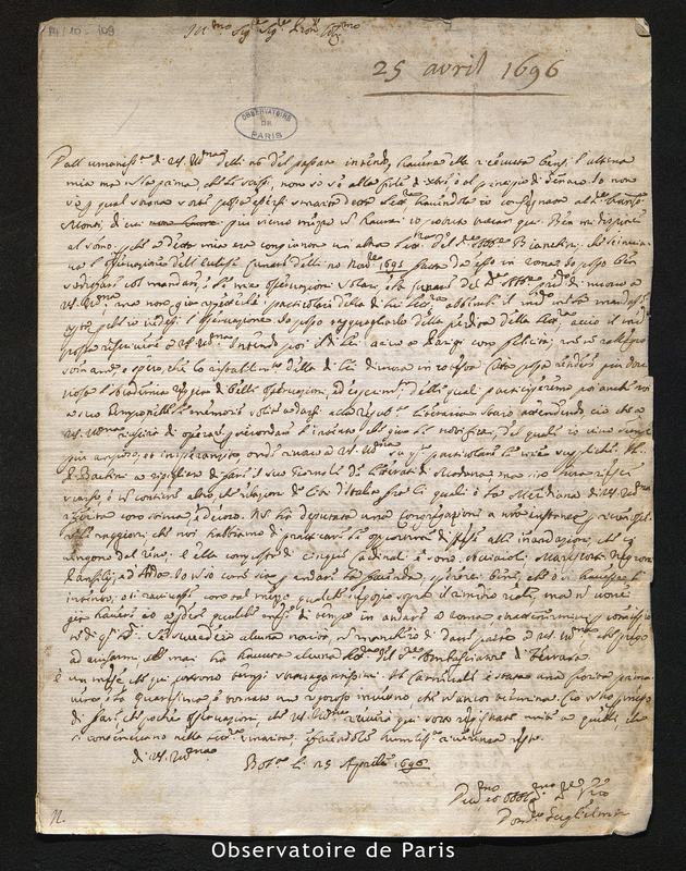 Lettre de Guglielmini à Cassini I, Bologne le 25 avril 1696