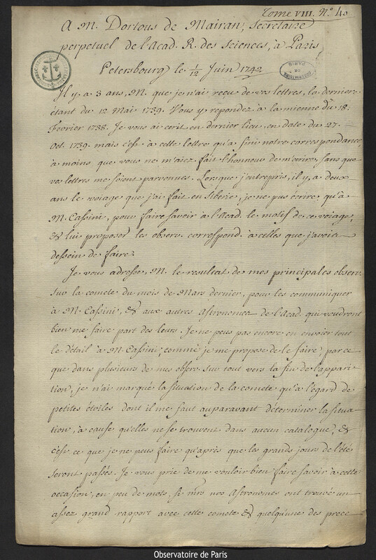 Lettre de Joseph-Nicolas Delisle à Jean-Jacques Dortous de Mairan, Saint-Pétersbourg, 12 juin 1742