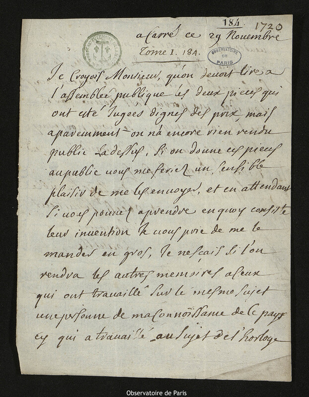 Lettre de Jacques d'Allonville de Louville à Joseph-Nicolas Delisle, Lieu-dit Le Clos du Petit Carré, 29 novembre 1720