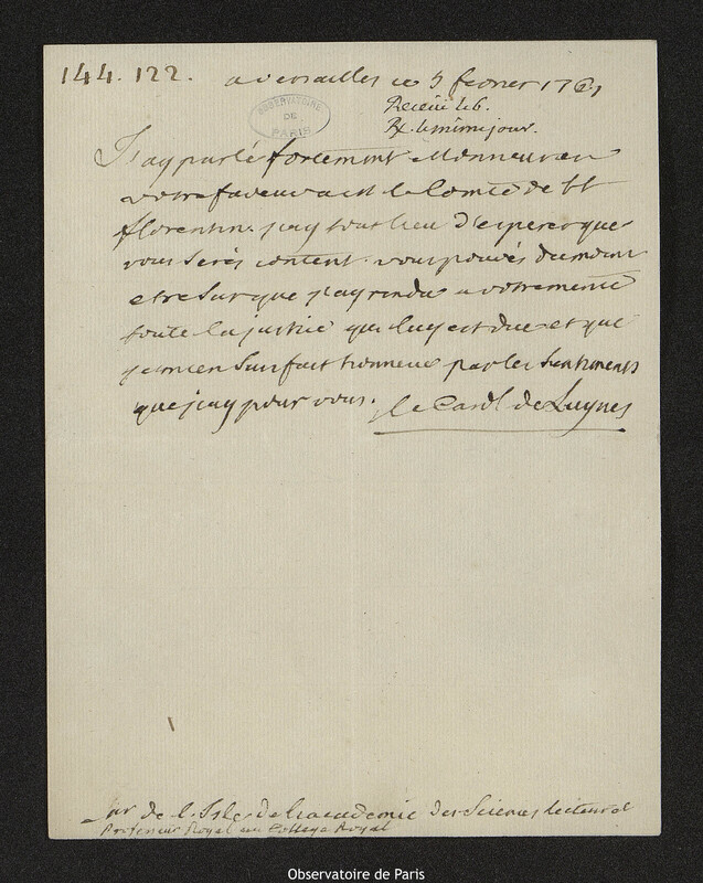 Lettre de Paul d'Albert de Luynes à Joseph-Nicolas Delisle, Versailles, 5 février 1761