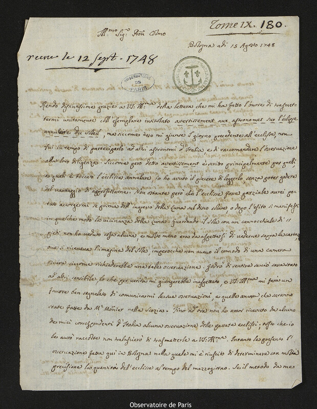 Lettre de Eustachio Zanotti à Joseph-Nicolas Delisle, Bologne, 15 août 1748