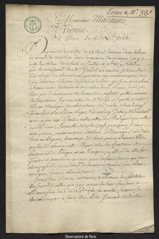 Lettre de Joseph-Nicolas Delisle à Giovanni Giacomo Marinoni, Paris, 5 décembre 1748