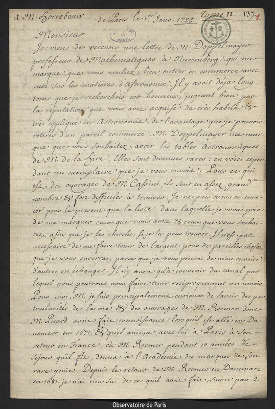 Lettre de Joseph-Nicolas Delisle à Peder Horrebow, Paris, 1 janvier 1725