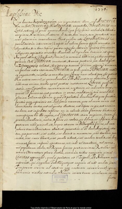 Lettre de l'Université de Cambridge à Jan Heweliusz, Cambridge, 28 février 1668