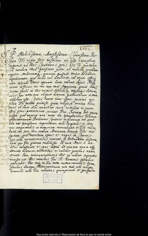 Lettre de Stanislaw Lubieniecki à Jan Heweliusz, Hambourg, 2 juin 1665