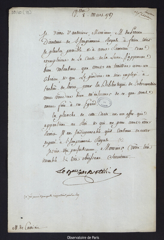 Lettre de Louis Le Tonnelier, baron de Breteuil, à Cassini IV, directeur de l'Observatoire, le 8 mars 1787