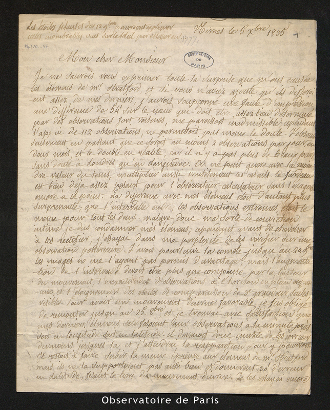 Lettre de Benj. Valz à François Arago, Nîmes le 5 décembre 1835