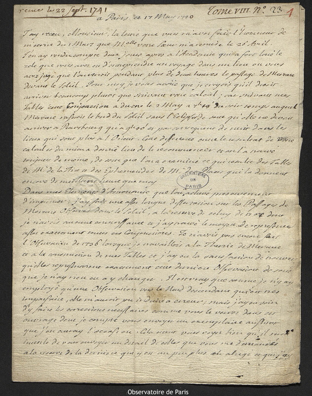 Lettre de Jacques Cassini à Joseph-Nicolas Delisle, Paris, 17 mai 1740