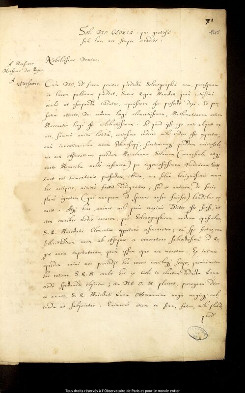 Lettre de Jan Heweliusz à Pierre Des Noyers, Gdansk, 3 juillet 1647