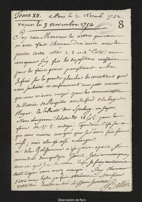 Lettre de Jacques-Nicolas Bellin à Joseph-Nicolas Delisle, Paris, 2 novembre 1752