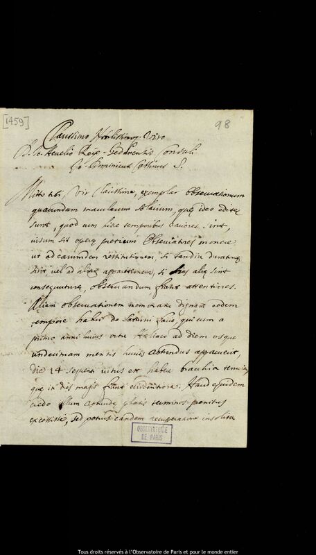 Lettre de Jean-Dominique Cassini à Jan Heweliusz, Paris, 20 août 1671