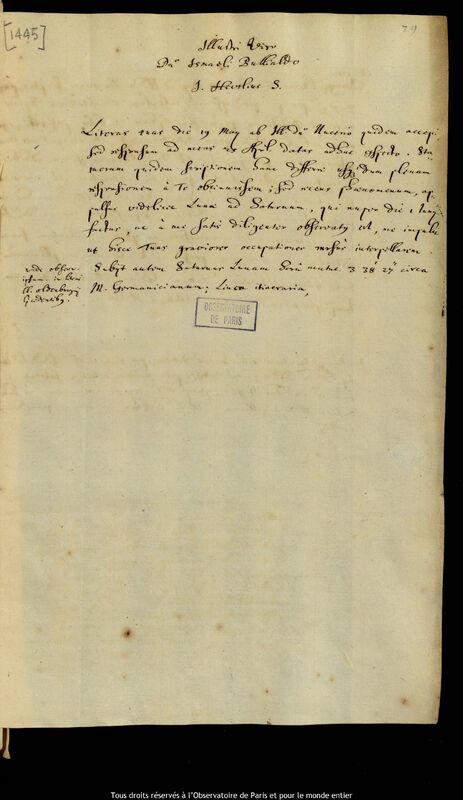 Lettre de Jan Heweliusz à Ismaël Boulliau, Gdansk, 20 juin 1671