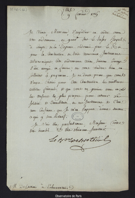 Lettre de Louis Le Tonnelier, baron de Breteuil, à Cassini IV, directeur de l'Observatoire, le 9 février 1785