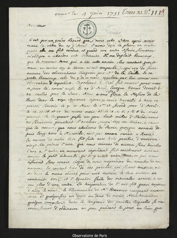 Lettre de Christopher Maire à Joseph-Nicolas Delisle, Rome, 19 mai 1751