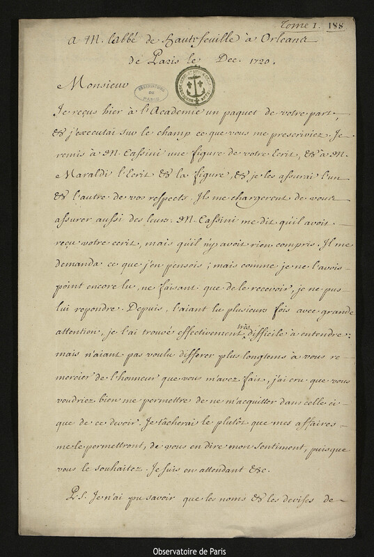 Lettre de Joseph-Nicolas Delisle à Jean de Hautefeuille, Paris, décembre 1720