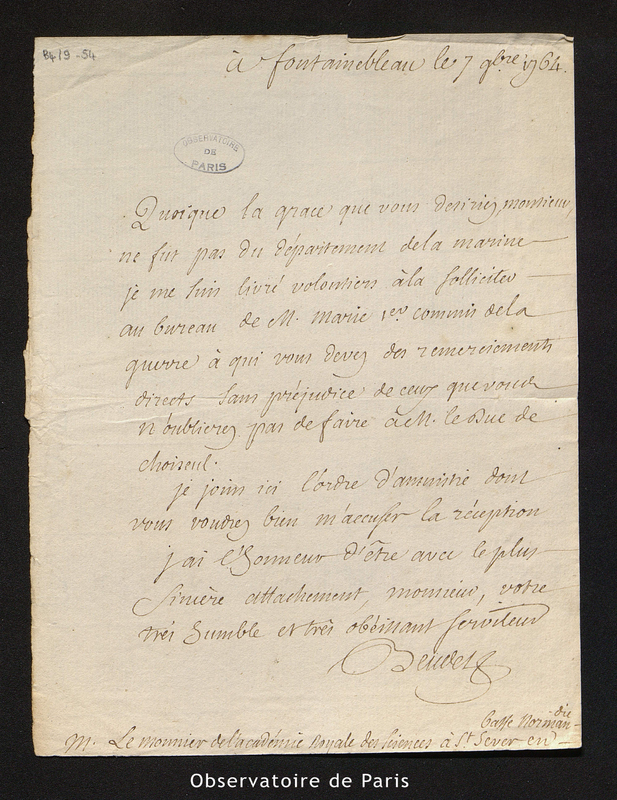 Lettre de Beudet à Le Monnier, Fontainebleau le 7 novembre 1764