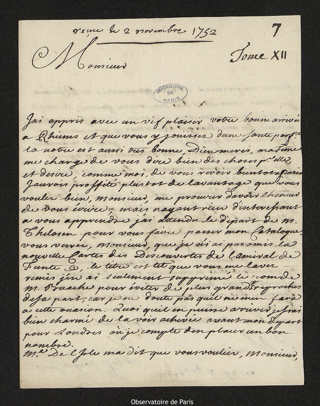 Lettre de Roch-Joseph Julien, éditeur et marchand de cartes géographiques à Joseph-Nicolas Delisle, 29 octobre 1752