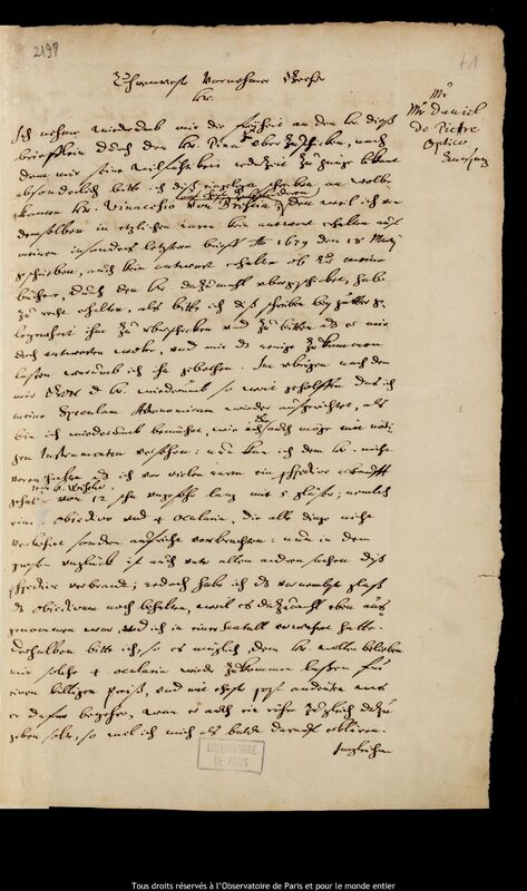 Lettre de Jan Heweliusz à Daniel Depiere, Gdansk, 20 mars 1682