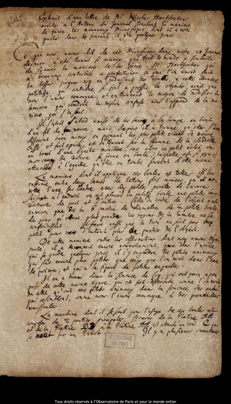 Texte manuscrit de Nicolaas Hartsoeker, 19 juin 1679