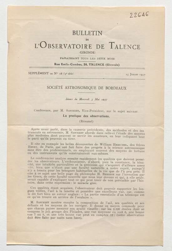 (1937) Bulletin de l'Observatoire de Talence, 3e série