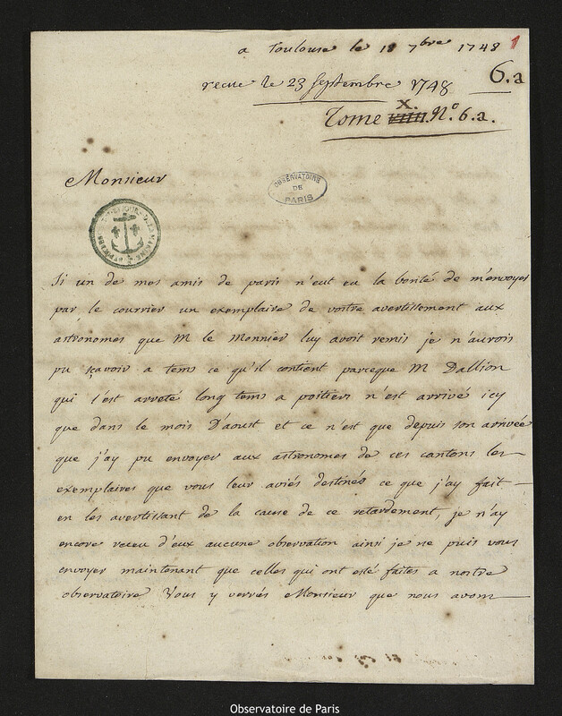 Lettre de François-Philippe-Antoine Garipuy à Joseph-Nicolas Delisle, Toulouse, 18 septembre 1748