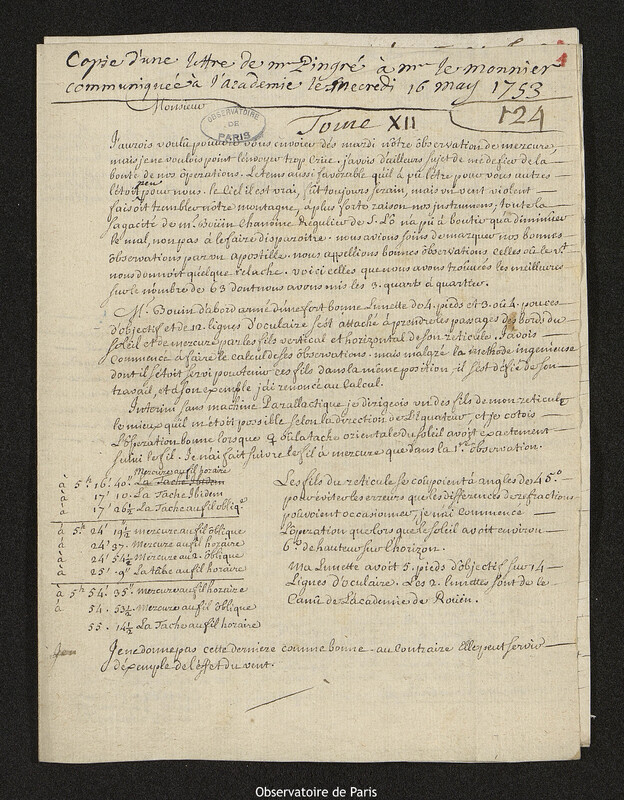 Lettre de Alexandre-Gui Pingré à Pierre-Charles Le Monnier, Rouen, 11 avril 1753